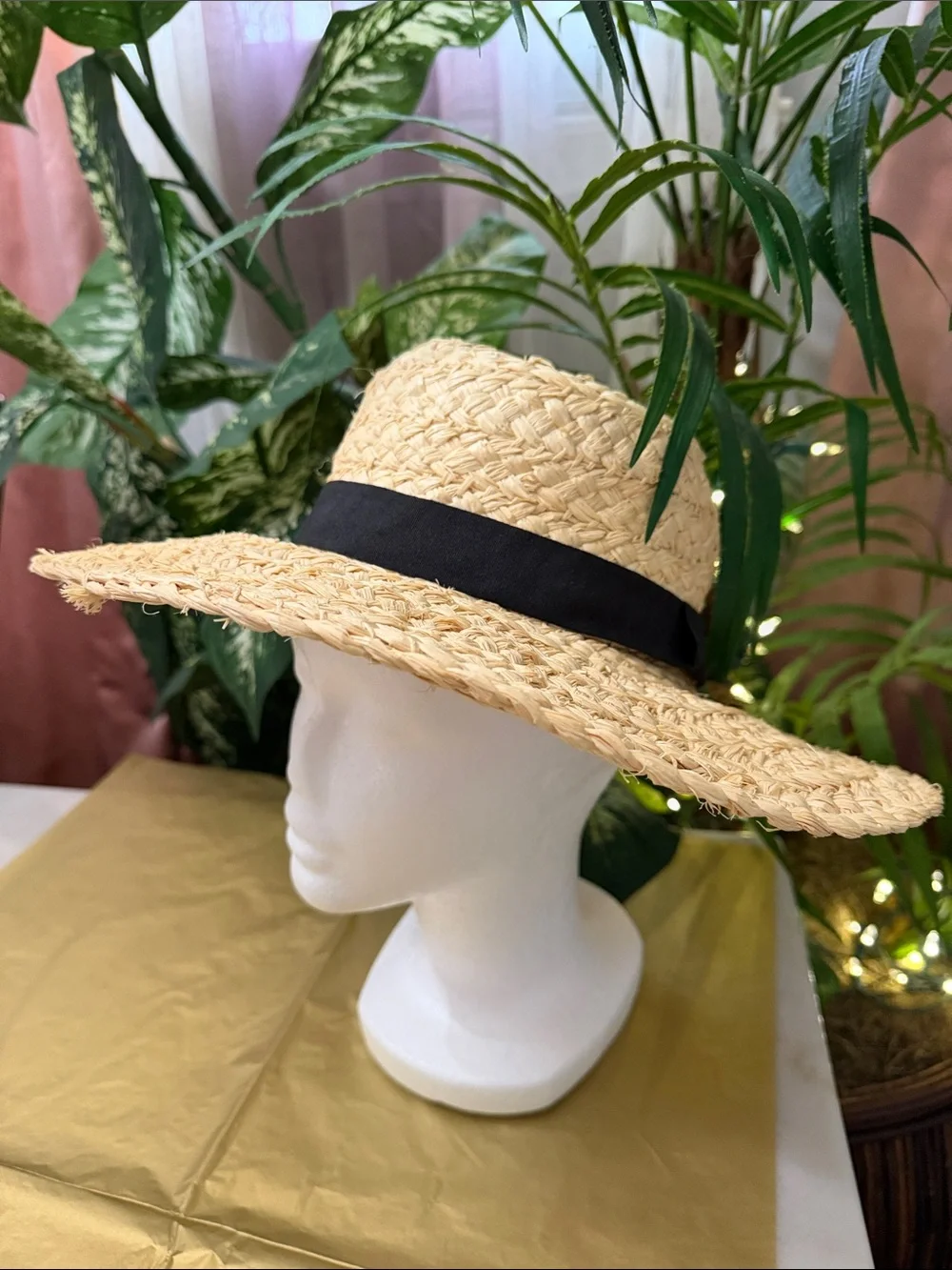 Vintage Straw Sun Hat with Black Band - Women Accessories